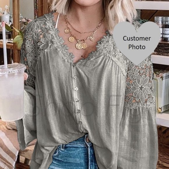 New Boho Grey Lace Festival Button Front Blouse Western Boutique Vintage - Picture 4 of 9